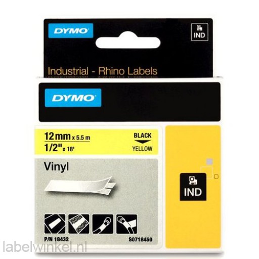 Dymo 18432 RHINO vinyl zwart op geel 12mm