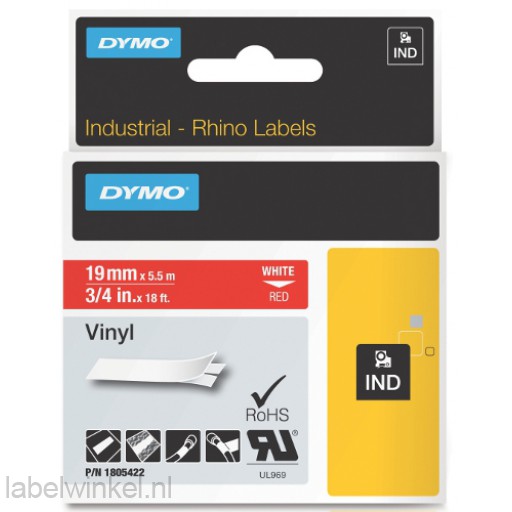 Dymo RHINO 1805422 vinyl wit op rood 19mm