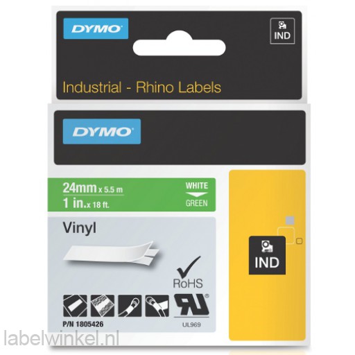 Dymo RHINO 1805426 vinyl wit op groen 24mm - EOL